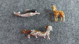 Vintage Broschen 3 St. Pferd Delfine Katze 70er & 90er Jahre