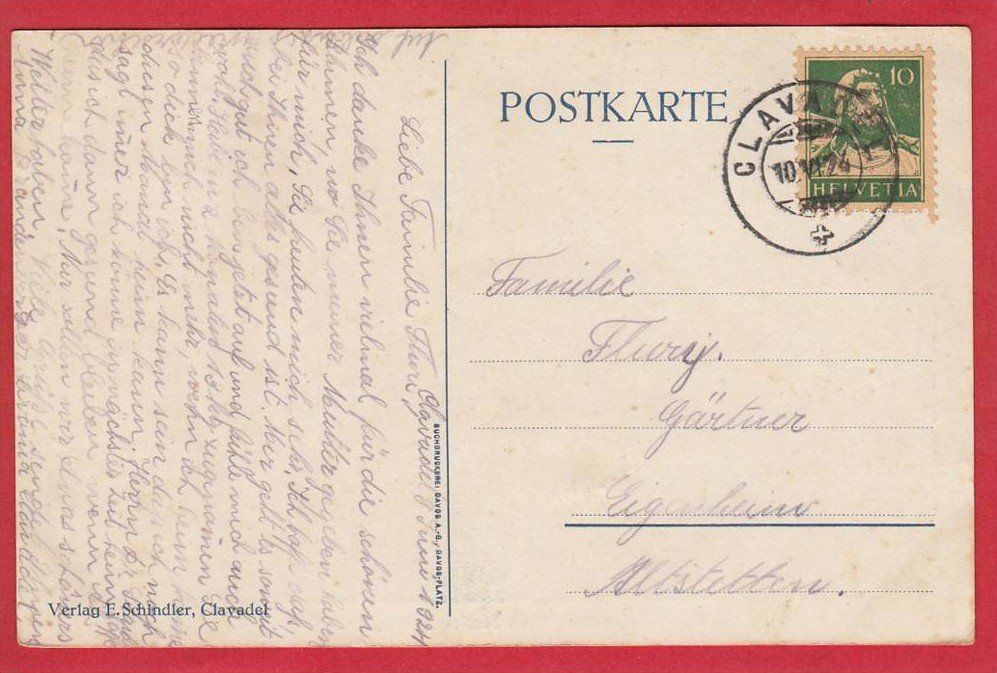 Cartoline postali: CLAVADEL 1924 – Usato da Grüningen venduto da Kartenlaube 1