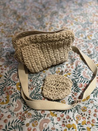 Strohtasche Beige mit Portemonnaie, gebraucht