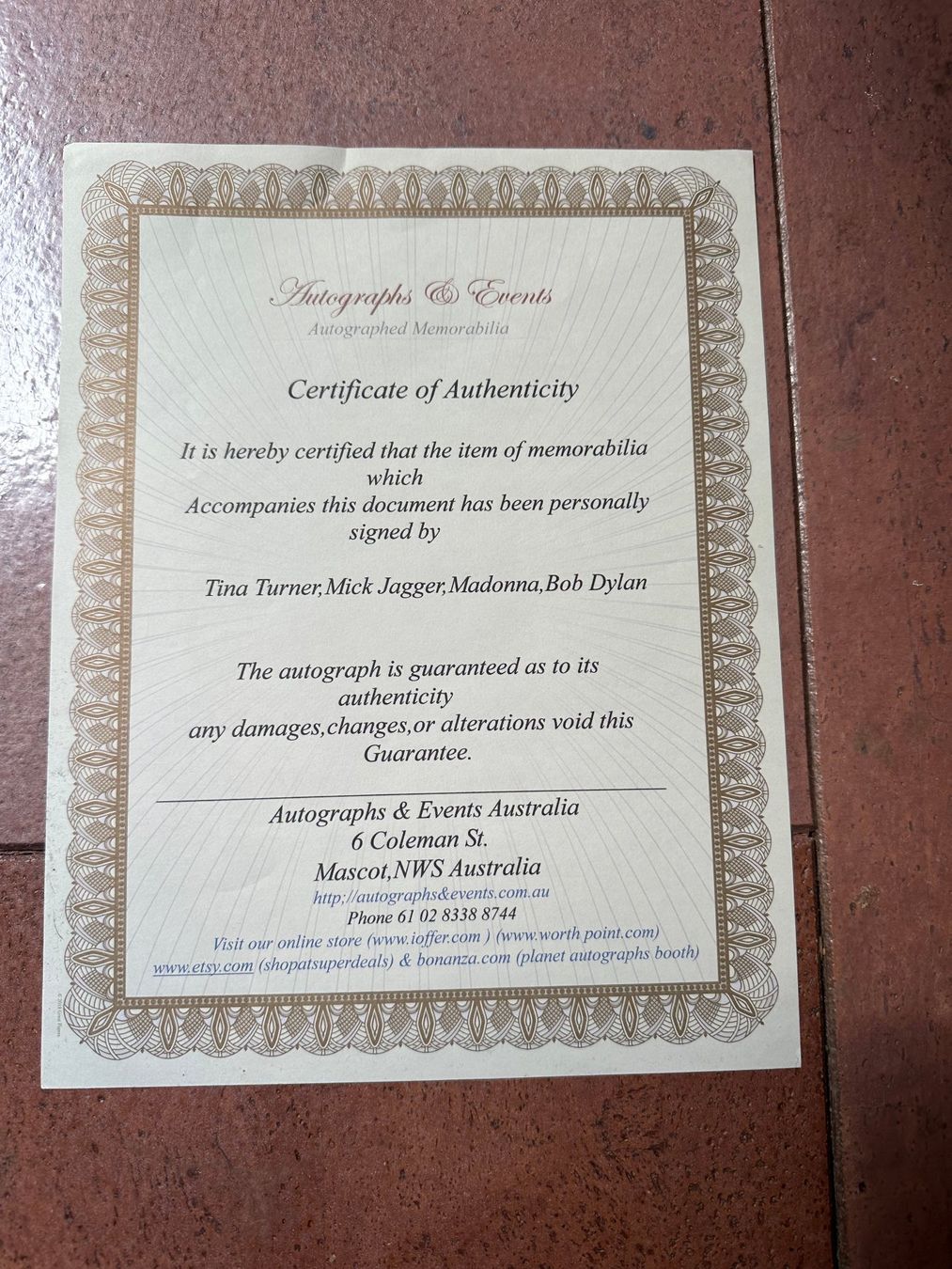 Autogramme: Originalautogramm T.Turner,M.Jagger,Madonna+Bob Dylan COA – Gebraucht aus rafz von Ttt0071 1