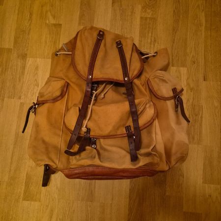 Sac à dos de randonnée vintage en toile et cuir, beige