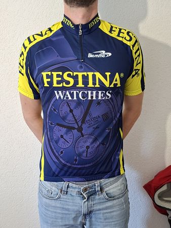 Maillot cycliste Festina Biemme taille 4 bleu/jaune logo 