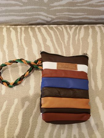 Tasche bunte Lederstreifen mit Henkel neuwertig