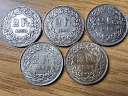 Silberlot 2 Franken 1920/64 - 5 Stück!