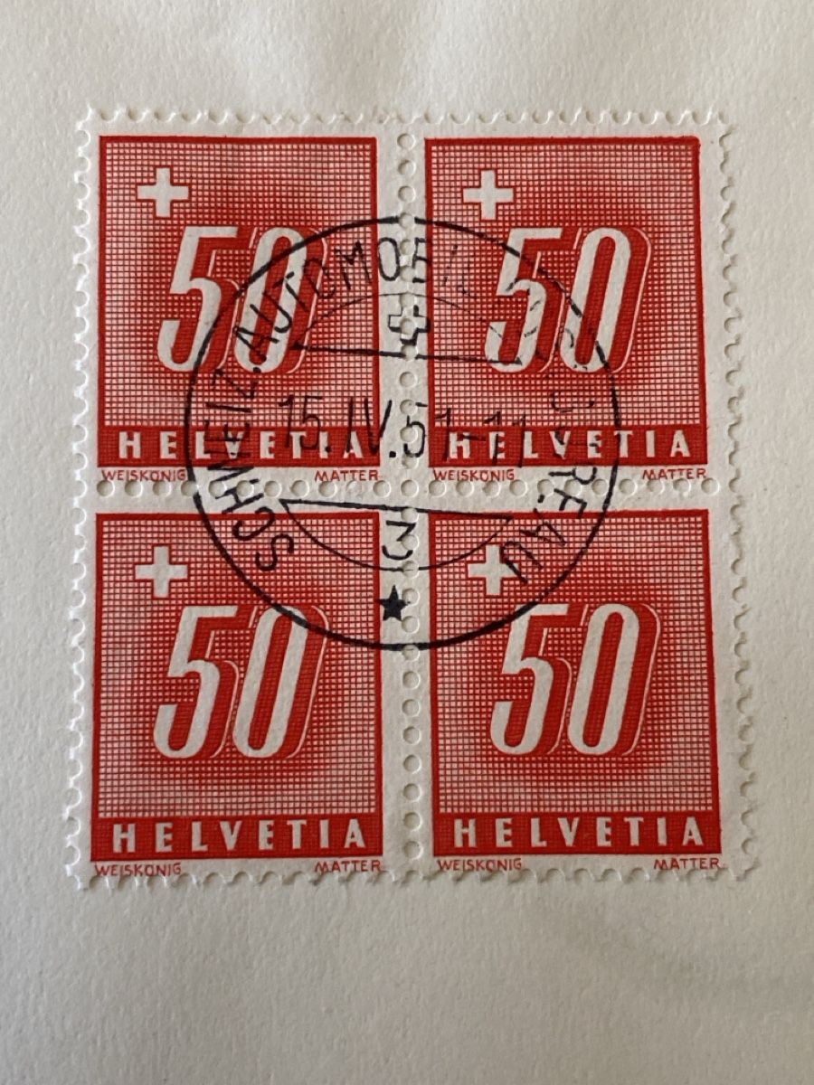 Tutti i francobolli: 4 er Block Ausgabe an der Mustermesse Basel 1951 – Usato da Mülligen venduto da Flockenstiel 1