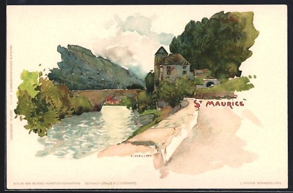 Cartoline postali: Fritz Voellmy: St. Maurice, Brücke mit  – Usato da Berlin venduto da bartko-reher