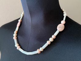 Unikat💎Neue Halskette weißen-rosa Süßwasserperlen, Rhodonit