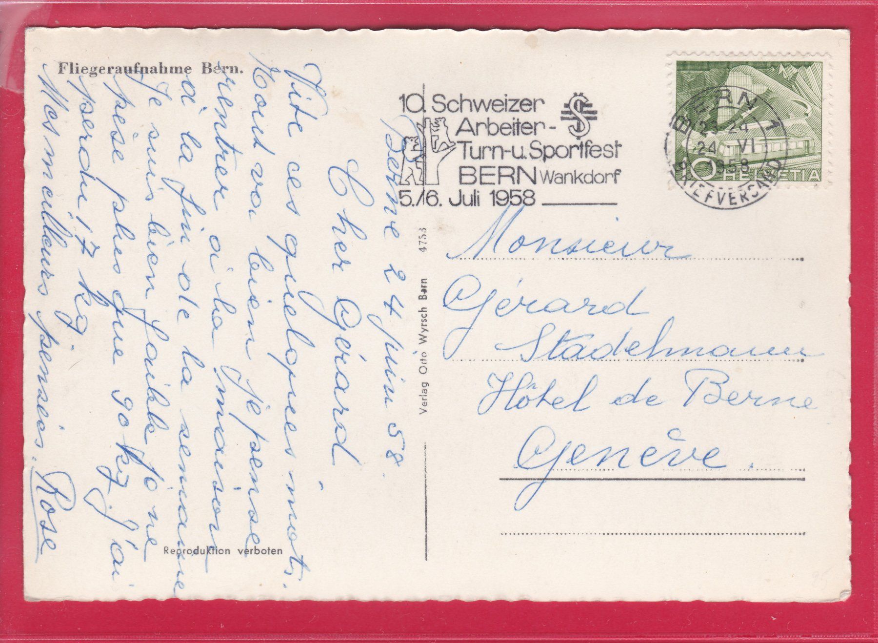 Ansichtskarten: FLIEGERAUFNAHME BERN, 24.6.1958 – Gebraucht aus Oberrieden von Gebirgsstelze 1