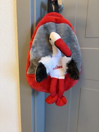 Sac à dos enfant cigogne Alsace rouge peluche état neuf