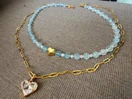 Aquamarin & Mondstein Layering Halskette Collier mit Herzen