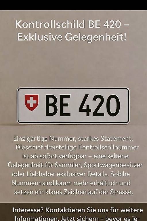 Insegne: Kontrollschild BE 420 Exklusive Gelegenheit – Usato da Bützberg venduto da Imperial-Cars