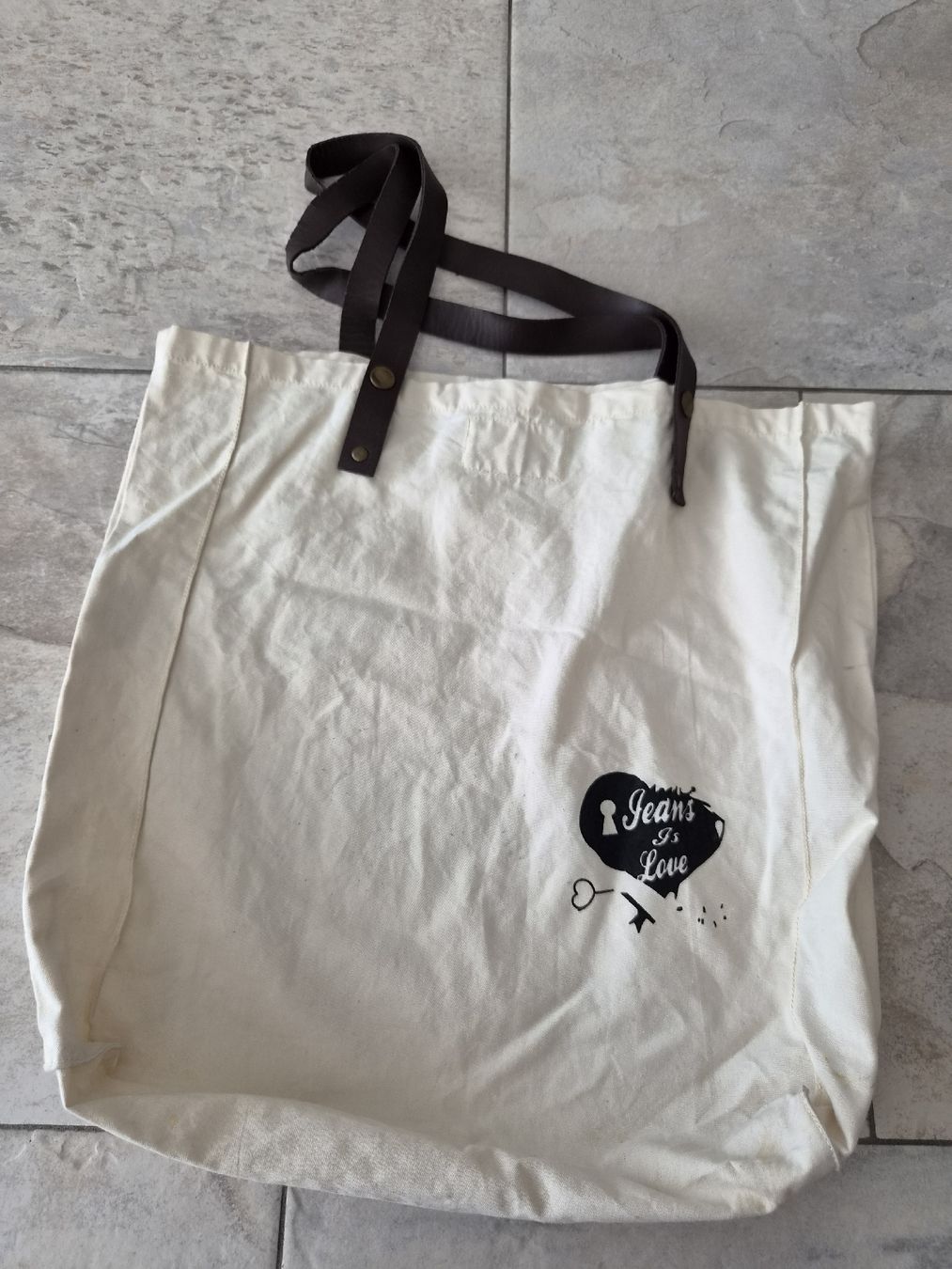 Borse: Stofftasche beige mit Print, Lederhenkel – Usato da Niederrohrdorf venduto da Miripfiri 2