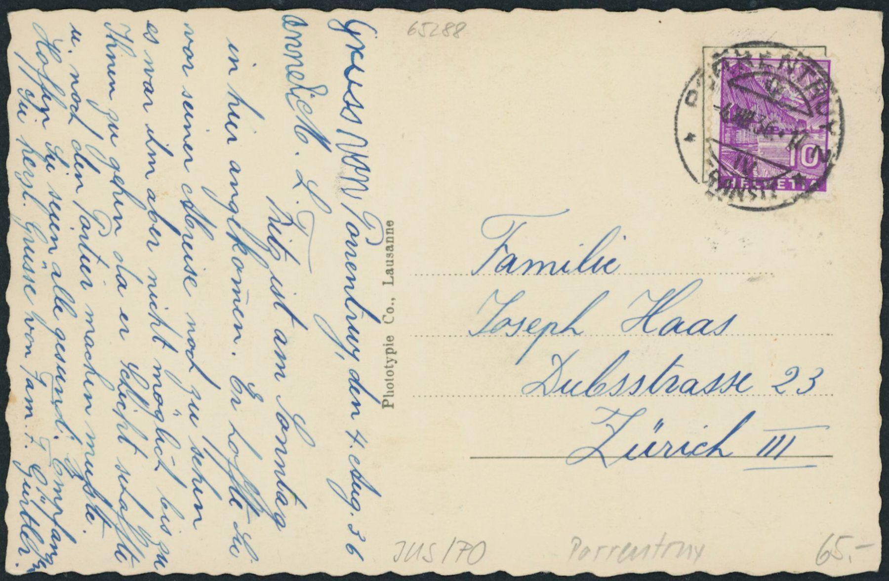 Cartoline postali: JUS Porrentruy – Usato da Schindellegi venduto da dolpitz 1