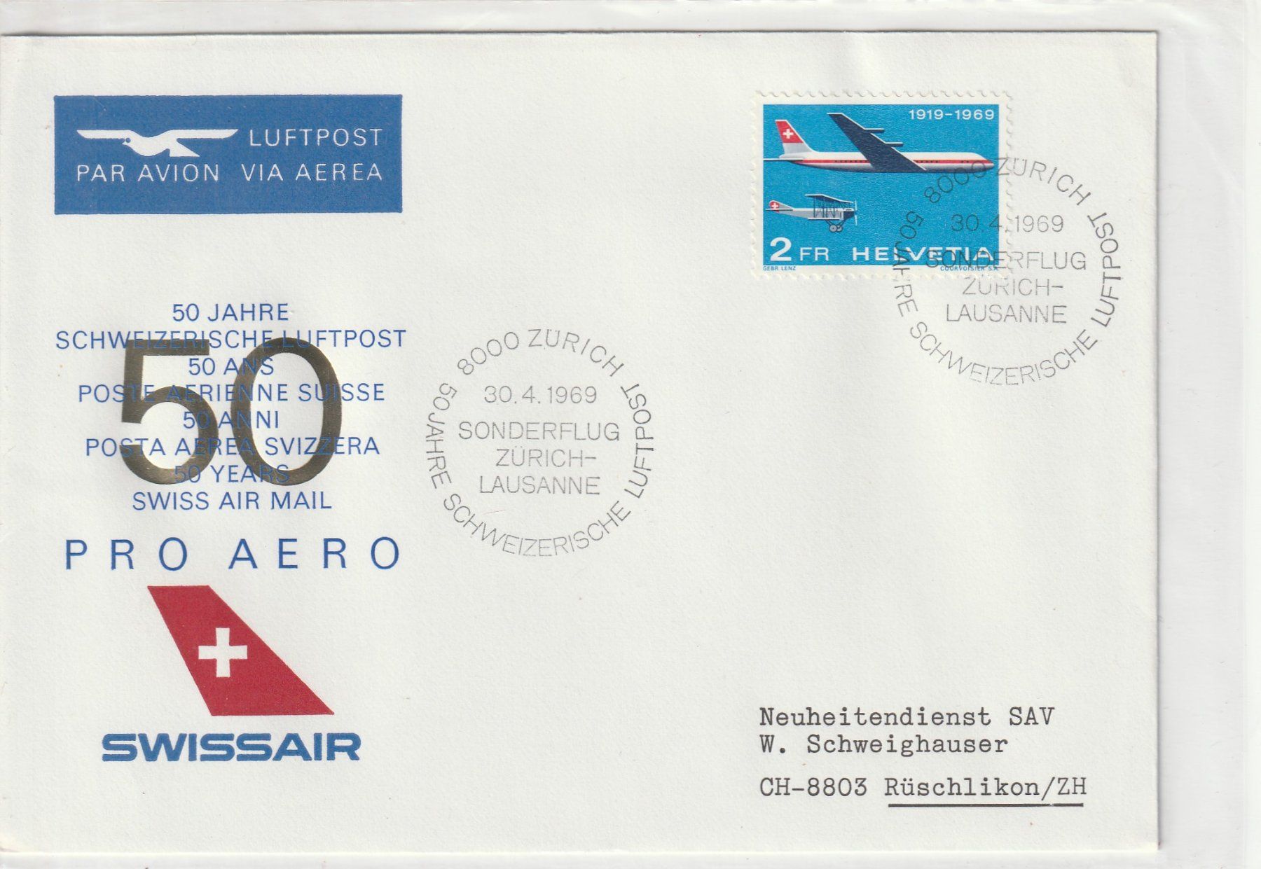 Tutti i francobolli: Flugpost- Zürich 1969 – Usato da uttwil venduto da Koehlerfred