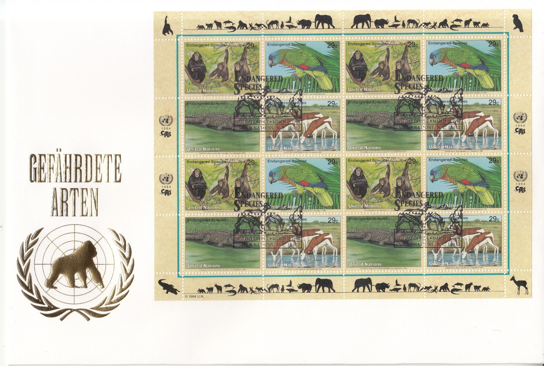 Tutti i francobolli: Gefährdete Arten, UNO 9 Grossbriefe 1993 - 1995 – Usato da Bürglen TG venduto da StampGraf 5