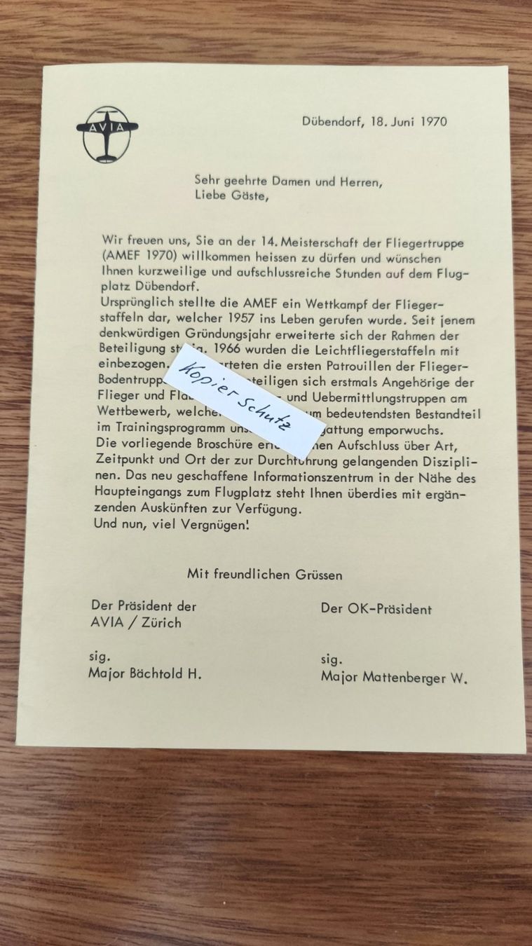 Swissair Documenti: Schweizer Luftwaffe Programm Flugmeisterschaft 1970 – Usato da Aesch BL venduto da Opirol 1