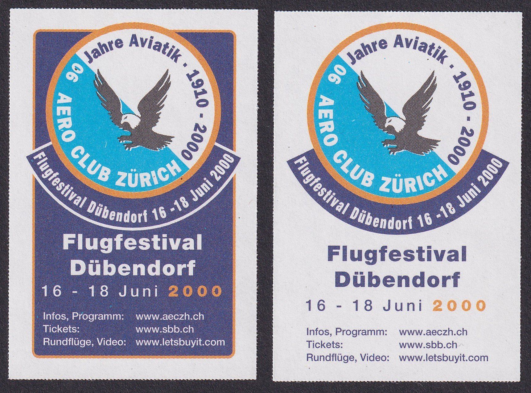 Tutti i francobolli: Flugpost Vignette, Flugfestival Dübendorf 2000, Flugspende – Difettoso da Ebikon venduto da SilvioFreund
