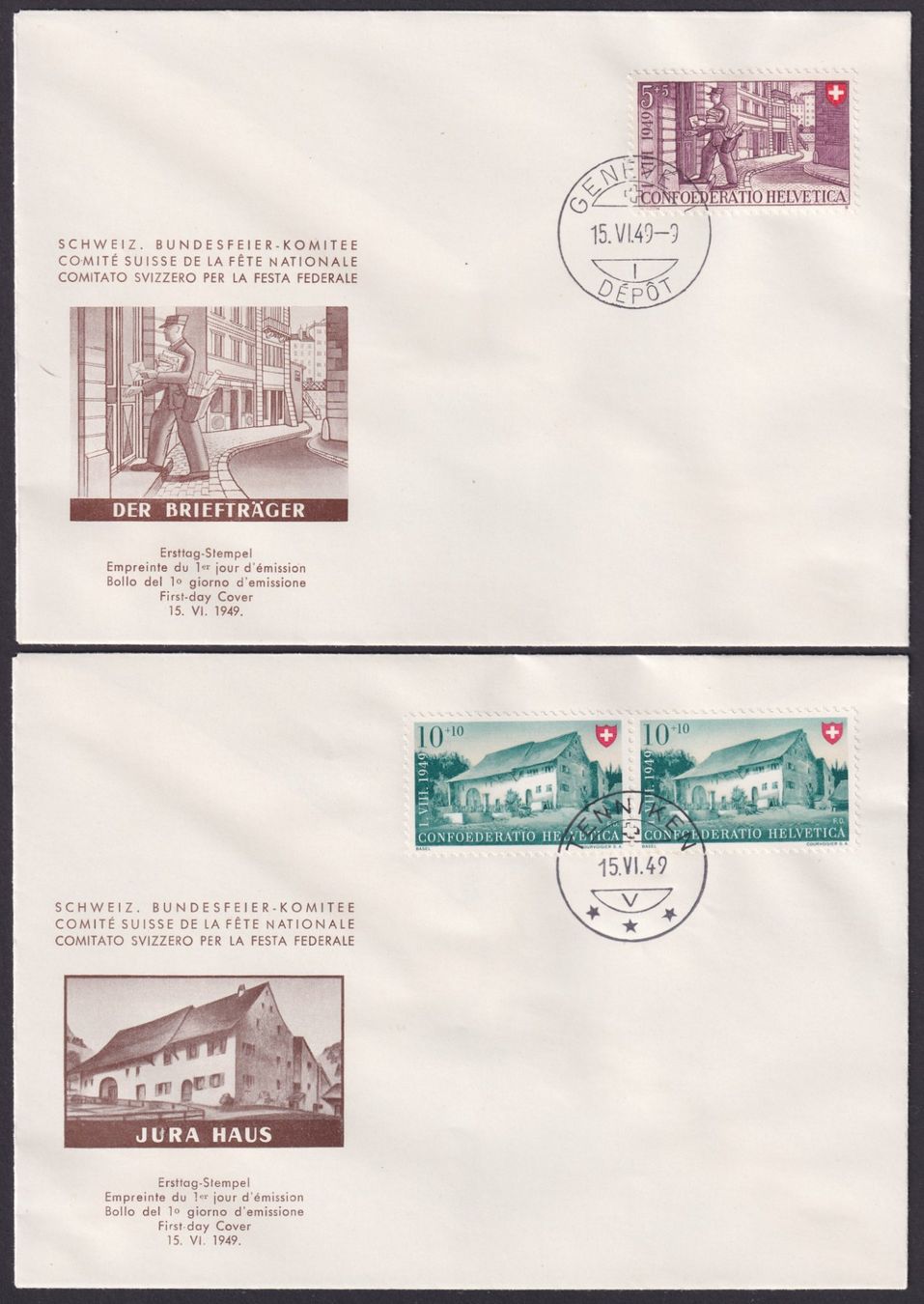 Alle Briefmarken: PP 1949 Komitee FDC, B42-B45, Arbeit + Schweizerhaus IV – Gebraucht aus Ebikon von SilvioFreund 1