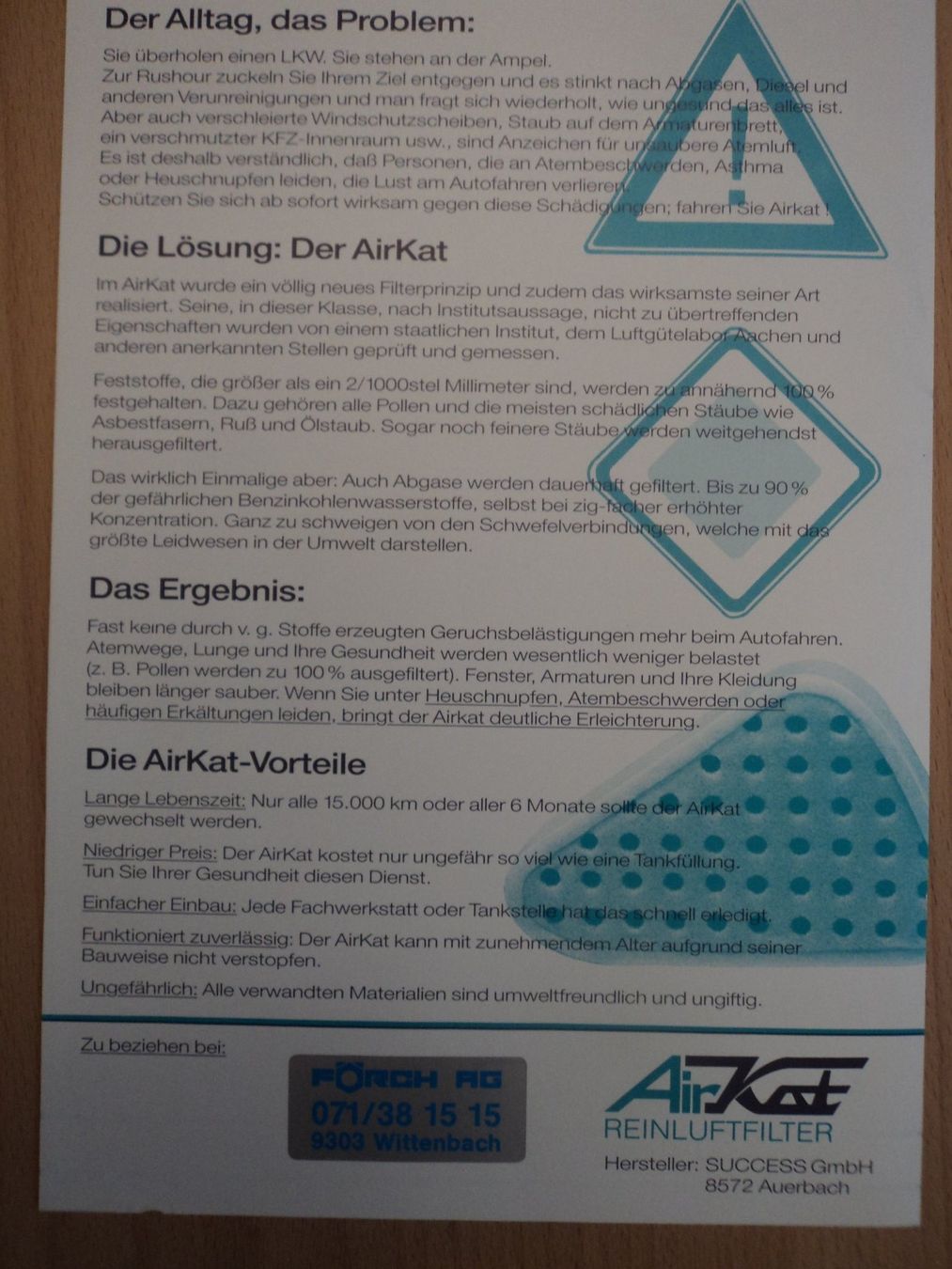 Documenti: Prospekt AirKat Reinluftfilter 1980er – Usato da Schwarzenburg venduto da modelCARama 2