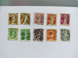10er Set Helvetia Briefmarken, Sammlerstücke, 1908-1925