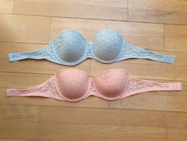 2 BH trägerlos Spitze blau und pfirsichfarben Set