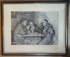 Bleistiftzeichnung Mönche beim Biergenuss - 1869
