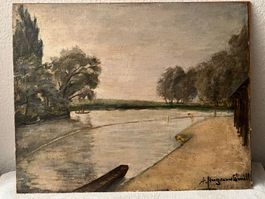 Alfred Huguenin (XX) Antikes Ölgemälde, Flusslandschaft