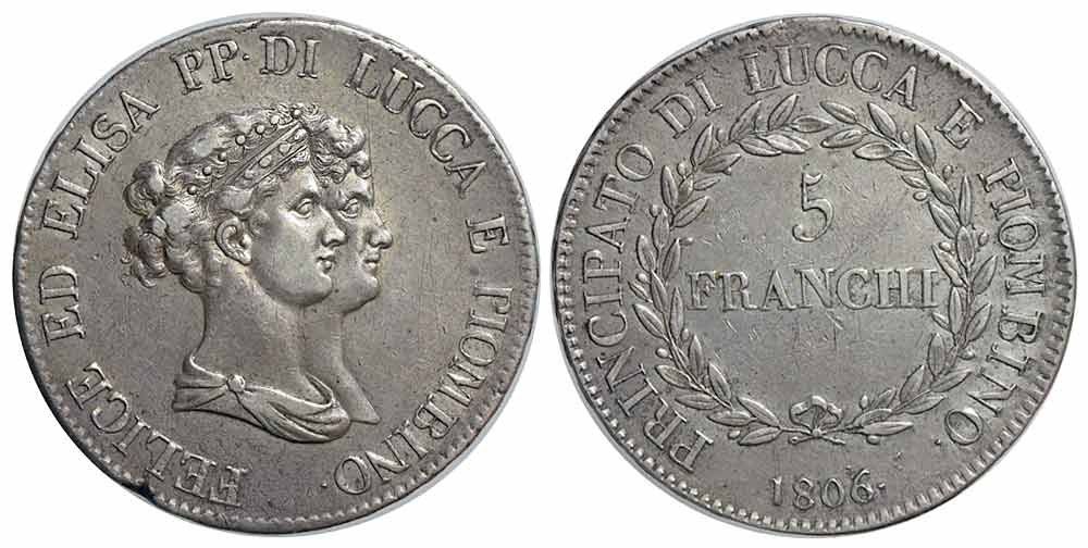 Tutti le monete: Italien, Lucca, 5 Franchi 1806 – Usato da Chiasso venduto da Novamarketing