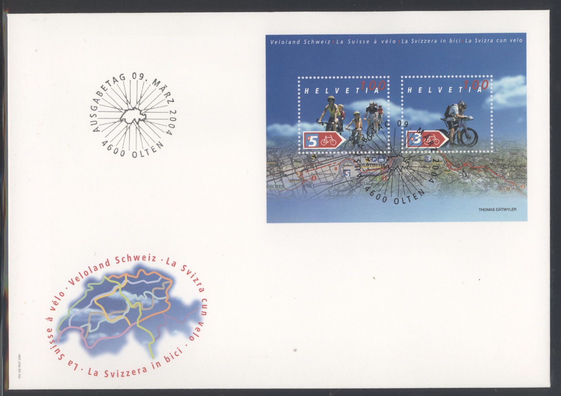 Alle Briefmarken: 2004, FDC, Block Veloland Schweiz (Nr. 1118), Grossformat E6 – Gebraucht aus Willisau von Vollstempel