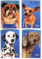 Briefmarken "Dalmatiner, Bulldogge, Weimaraner". St. Vincent