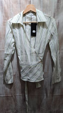 🎉 Comma Wickelbluse mit Streifen - 36 - Hellgrün/Grau/Weiss
