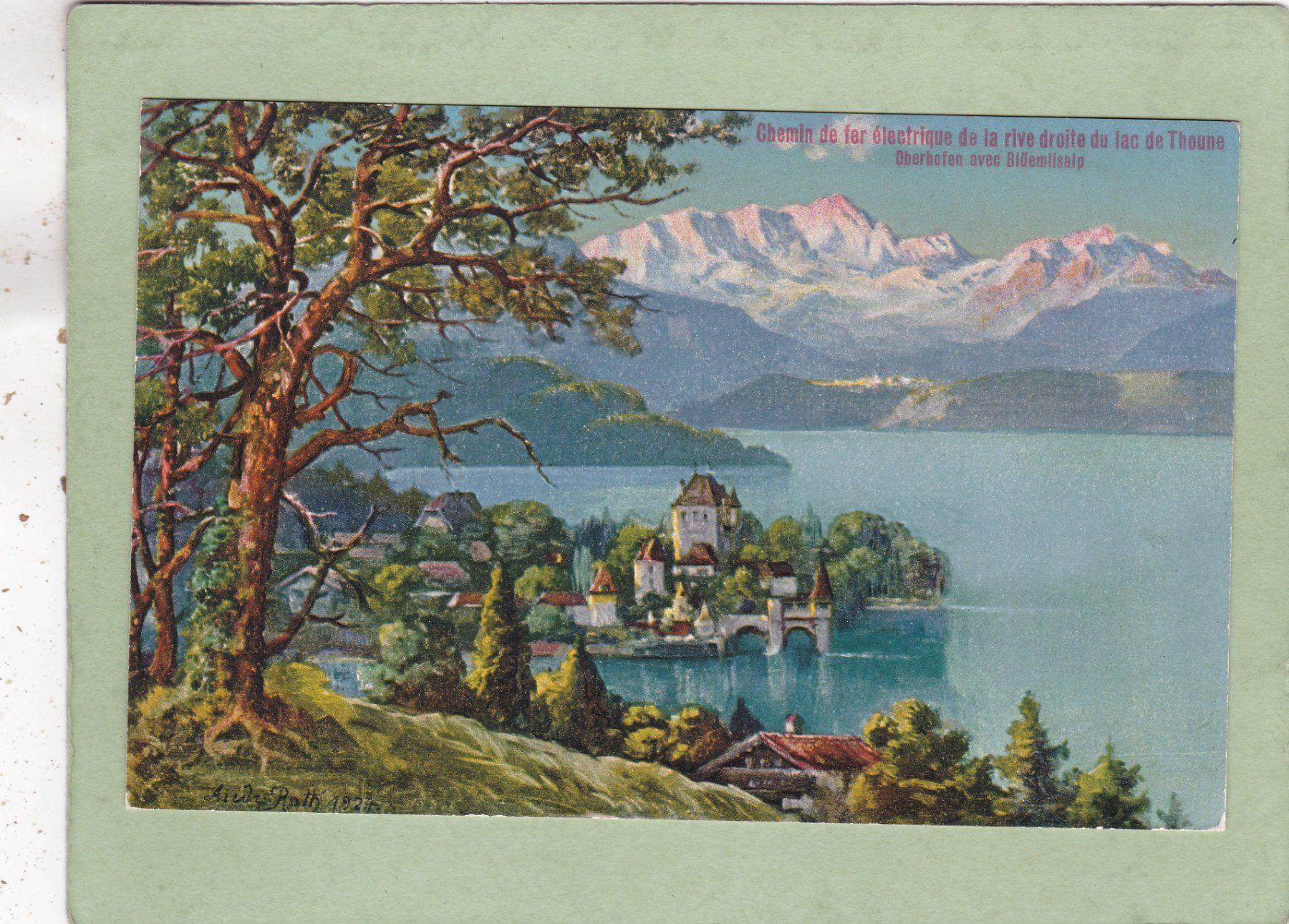 Cartoline postali: Kitsch Kunst Oberhofen mit Blümlisalp  André Roth – Usato da Herisau venduto da Lisegrat2008