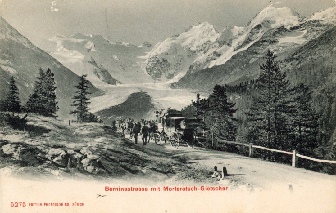 Ansichtskarten: Bernina - Strasse   GR  -   Post - Kutsche mit Morteratschgl – Gebraucht aus Brig von Valcards54