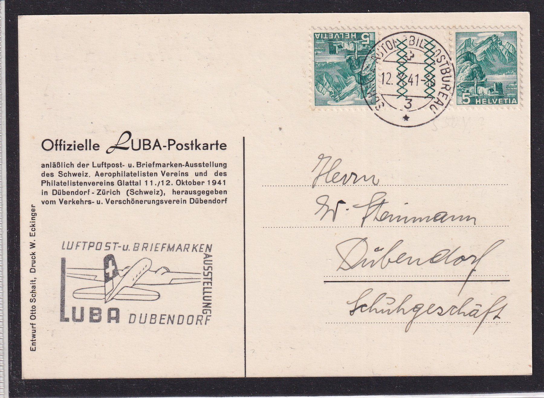 Cartoline postali: LUBA Dübendorf - Ausstellung 1941 – Usato da Orvin venduto da Pyaeschli 1