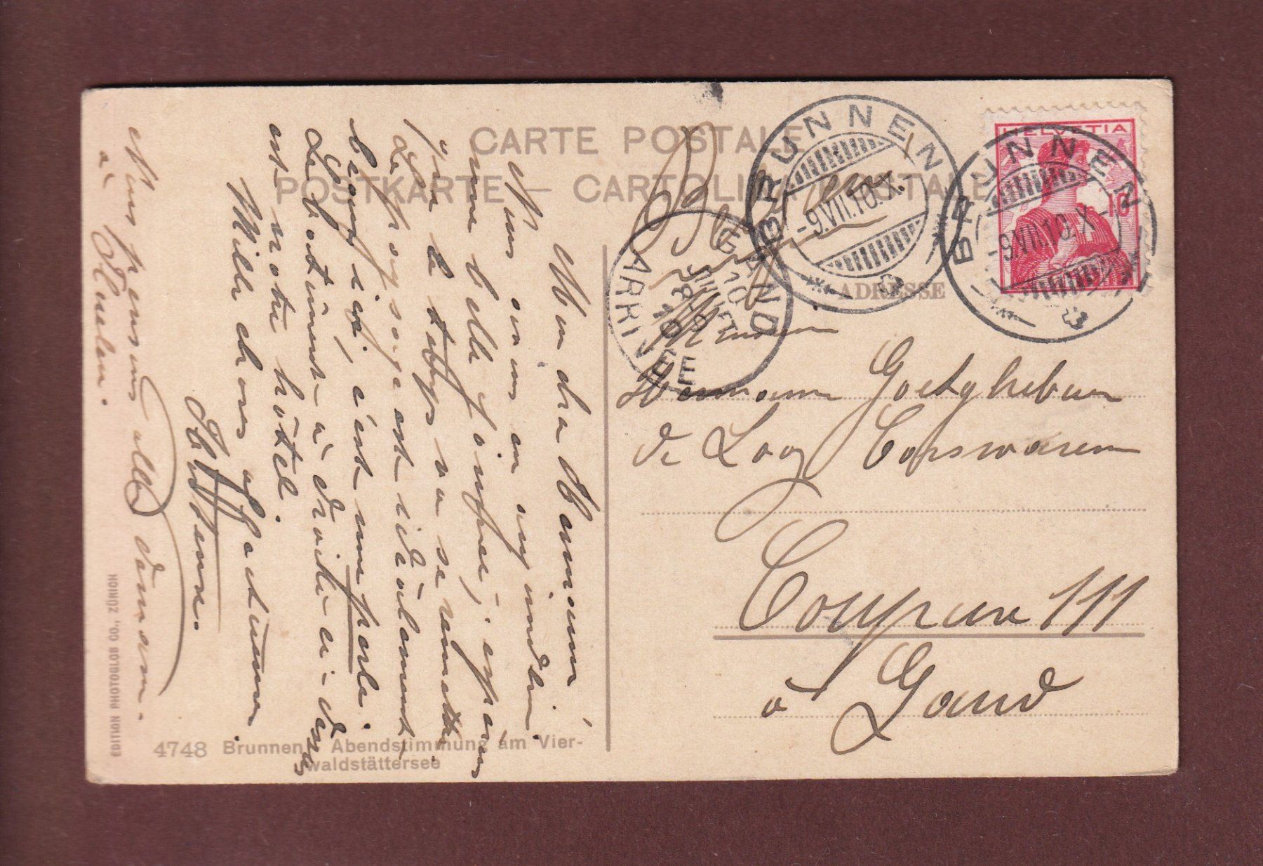 Ansichtskarten: BRUNNEN - Schiff - Abendstimmung - 1910 – Gebraucht aus Pully von nicecards 1