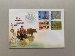 5 FDC Pro Patria Volkskunst aus der Schweiz II 1993 (Ortsn.)