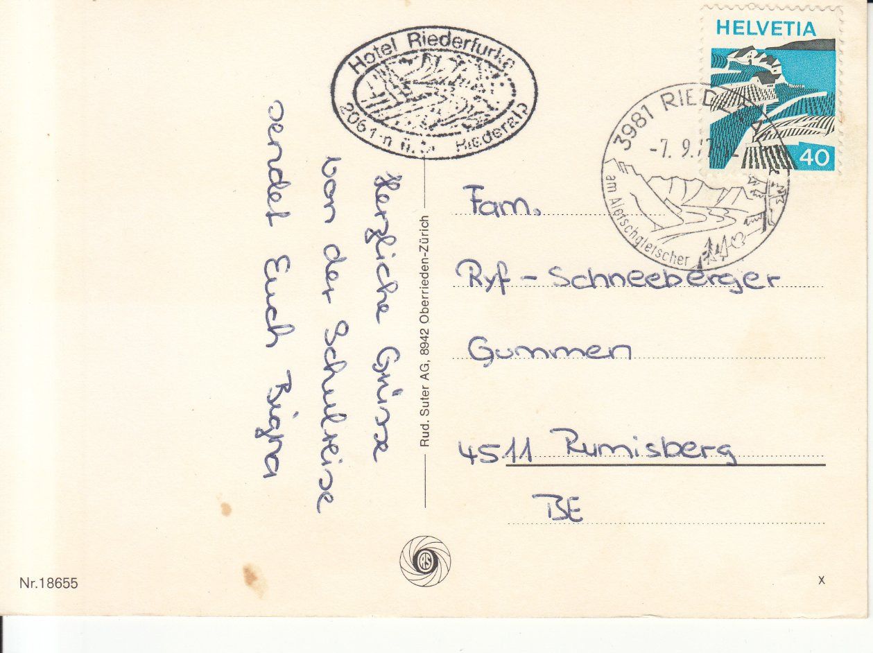 Cartoline postali: Riederalp 1977 – Usato da Bürglen TG venduto da StampGraf 1