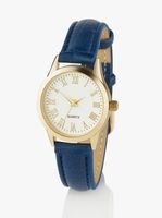 Neue Damenuhr, Gold mit blauem Lederimitatarmband neu