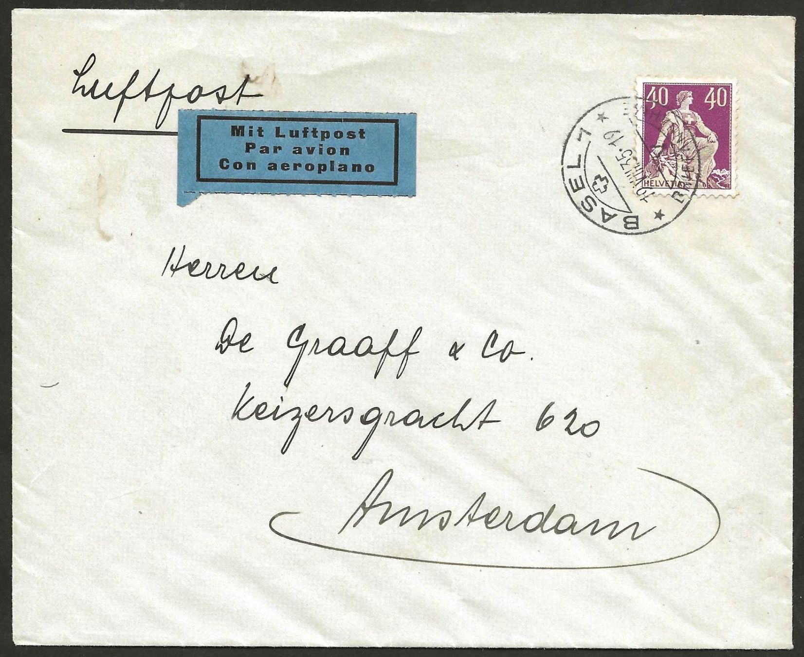 Alle Briefmarken: Flugpost Schweiz 1935 Basel Amsterdam Luftpost – Gebraucht aus Au ZH von xelagreb01