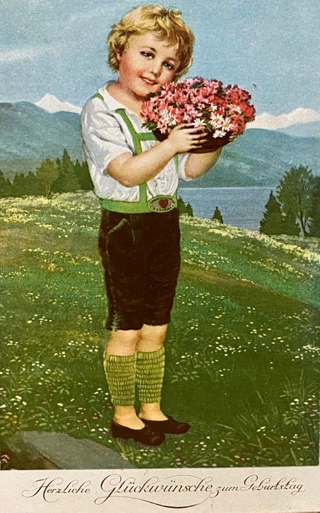 Kitsch AK Junge mit Blumen Herzliche Grüsse zum Geburtstag Kaufen auf