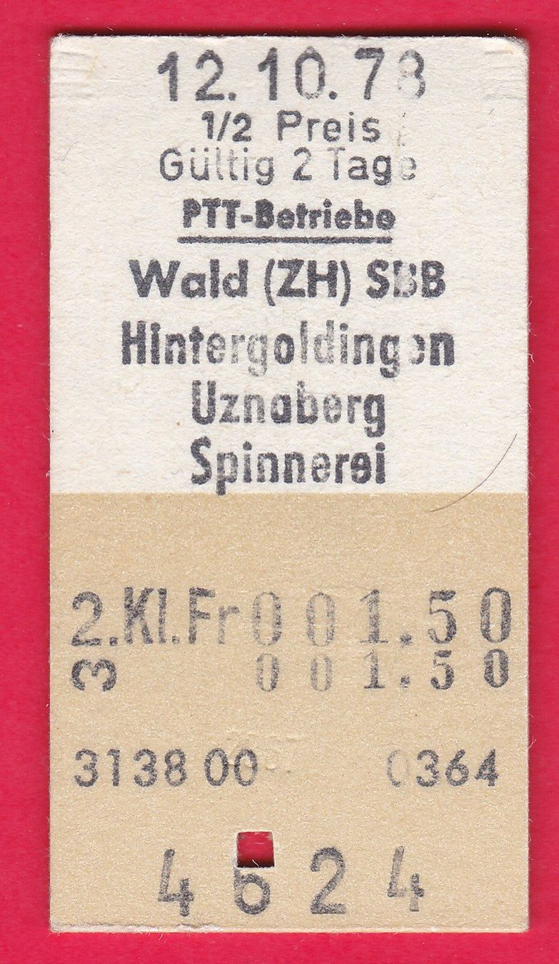 Tickets: KARTON BILLETT,PTT,WALD - SPINNEREI,2.KLASSE,EINFACH,HALBTAX – Gebraucht aus Oberrieden von Gebirgsstelze