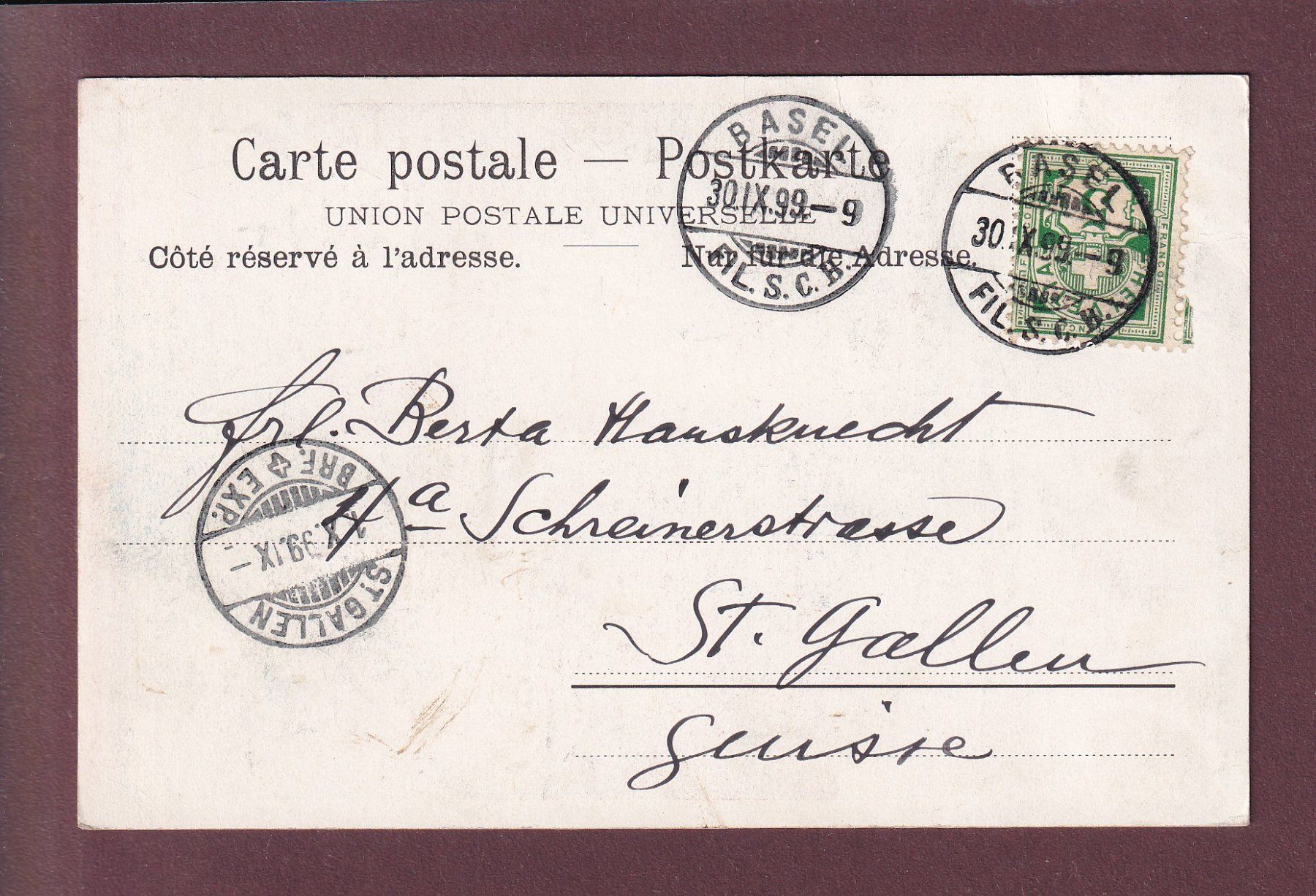 Cartoline postali: BASEL - Garten der Deutschritter - 1899 – Usato da Pully venduto da nicecards 1