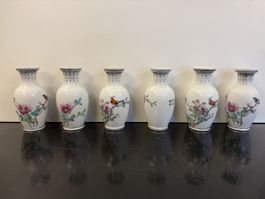 Lot de 6 vases en porcelaine décorés oiseaux et fleurs