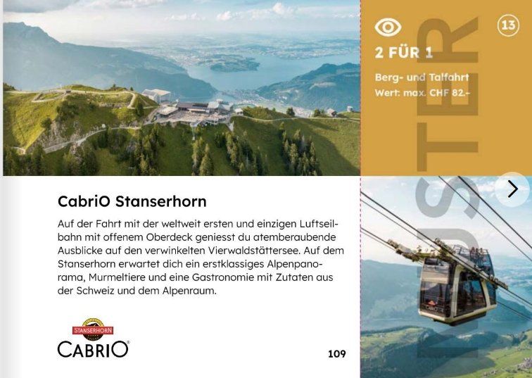 Cabrio Stanserhorn 2 für 1 Gutschein Swiss Coupon Pass 2025 (Neu ...