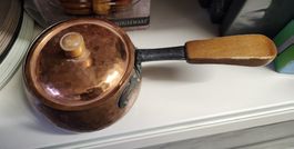 Vintage Stöckli Netstal Kupferpfanne mit Deckel & Holzgriff