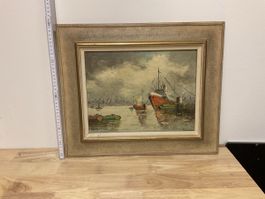 Ölgemälde Hafen mit Schiffen gerahmt guter Zustand