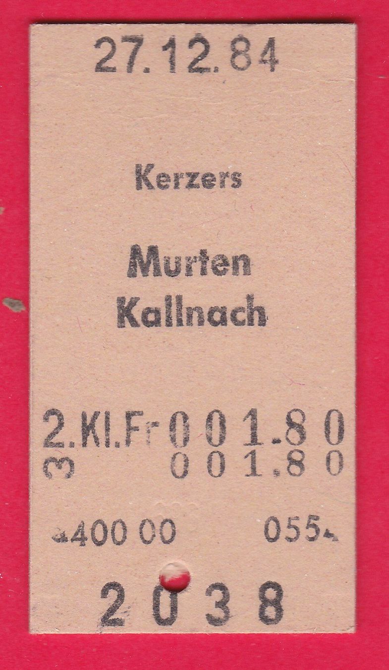 Biglietti: KARTON BILLETT, KERZERS - KALLNACH, 2.KLASSE, EINFACH, 1984 – Usato da Oberrieden venduto da Gebirgsstelze