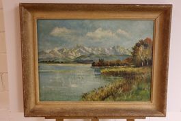 K. SCHMID - Schweizer Alpensee Landschaft 1949 Ölbild sign