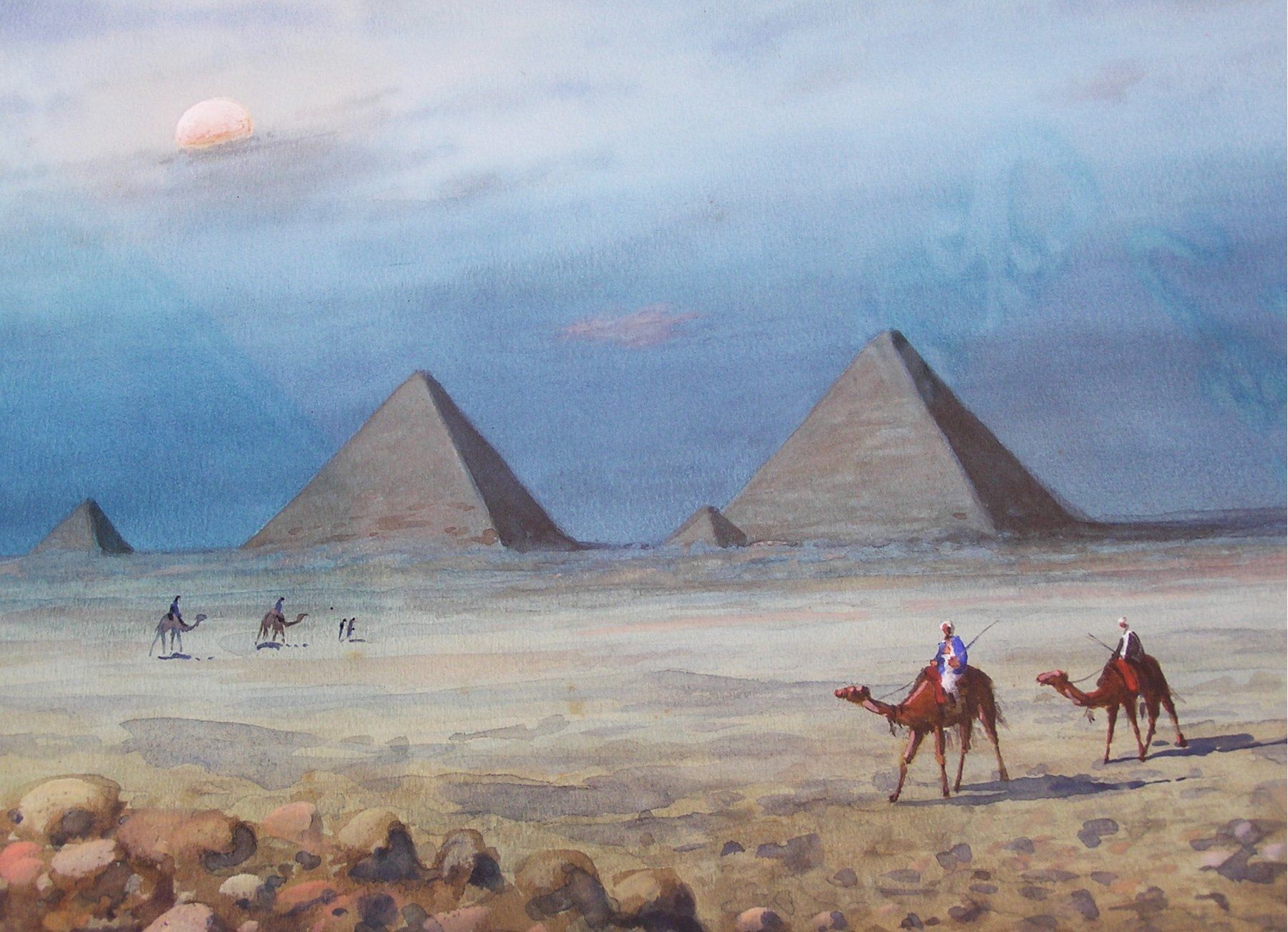Dipinti: ORIENTALIST E. MARCHETTINI AQUARELL PYRAMIDEN KAMELREITER – Usato da Grenchen venduto da Antique-hunter 1