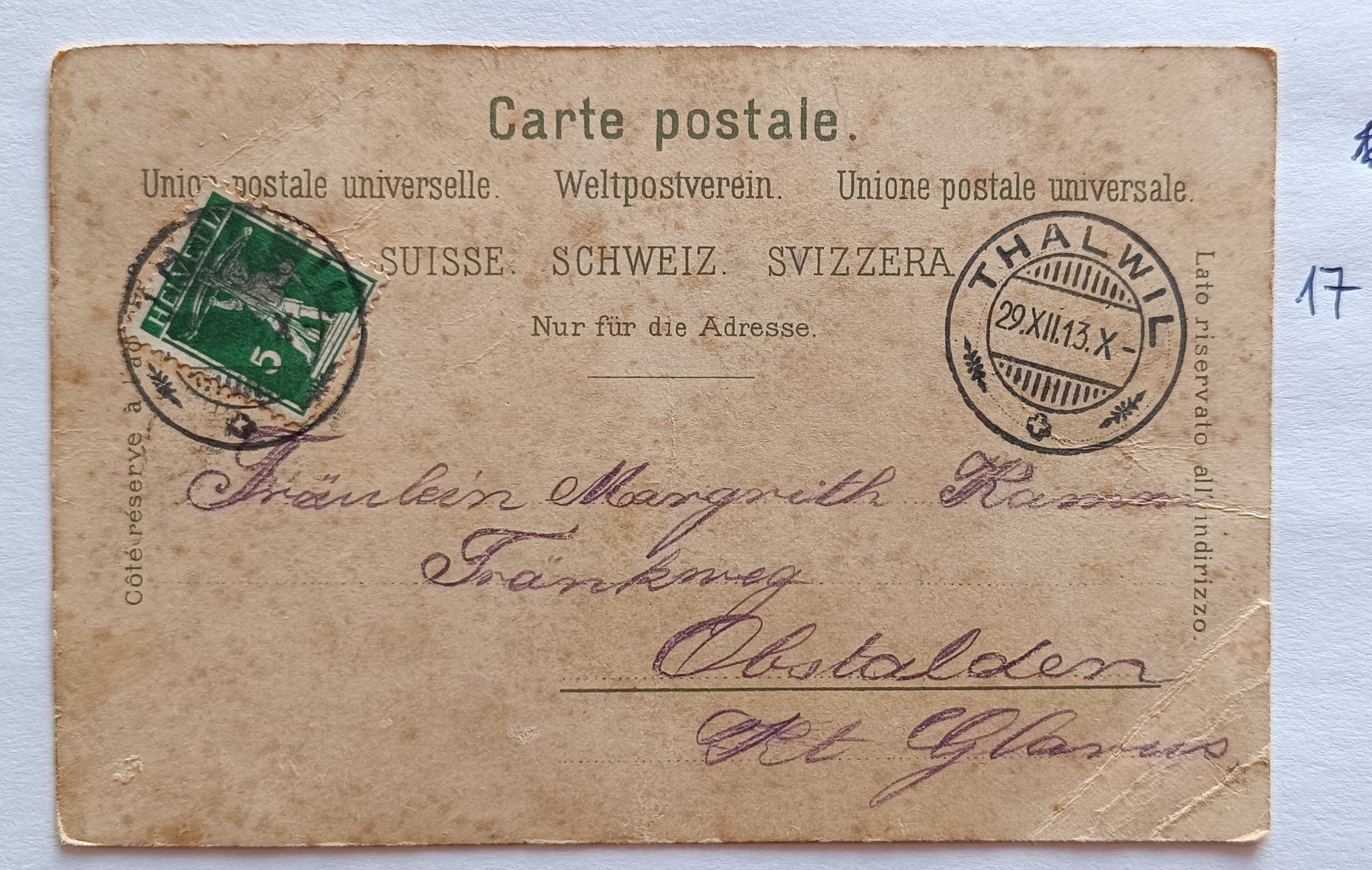 Ansichtskarten: Ansichtskarte Thalwil Bahnhof Gotthardstrasse 1913 – Gebraucht aus mühlehorn von Waldgeistli 1